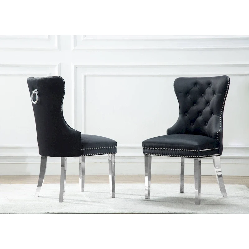Button-Tufted Wingback Dining Chair with Nailhead Trim, Velvet or Faux Leather, Stainless Steel Frame, 23.5W x 25D x 39H in, 2-Pack