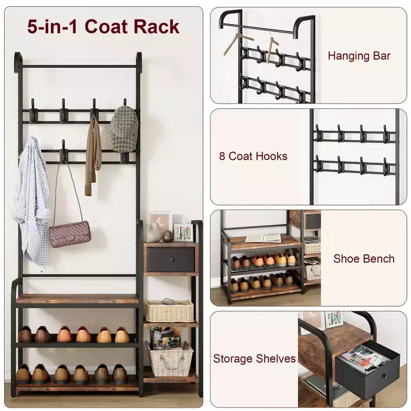 3-in-1 Hall Tree Coat Rack with Shoe Storage and Drawer, Heavy-Duty Steel Frame Entryway Bench, Multifunctional Mudroom Organizer
