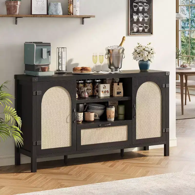 Wood & Rattan Sideboard Cabinet 59.1''W x 18.43''D x 8.07''H
