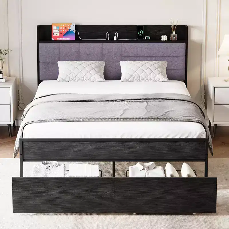 Grey Upholstered Bed Frame with Storage, Charging Station Black Frame No Box Spring Needed