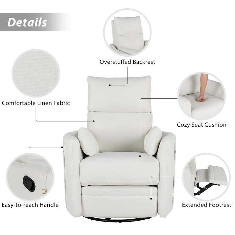 Beige Upholstered Swivel Rocker Recliner with Manual Recline, 360 Swivel, and Two Removable Cushions