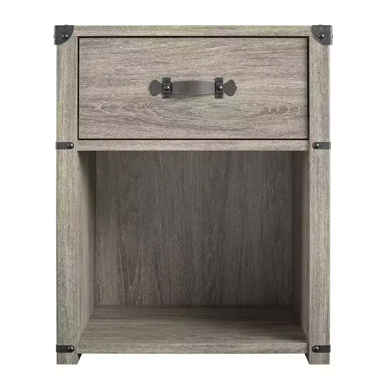 Max & Finn Nova 1 Drawer Storage Nightstand with Leather Drawer Pull, Gray Oak