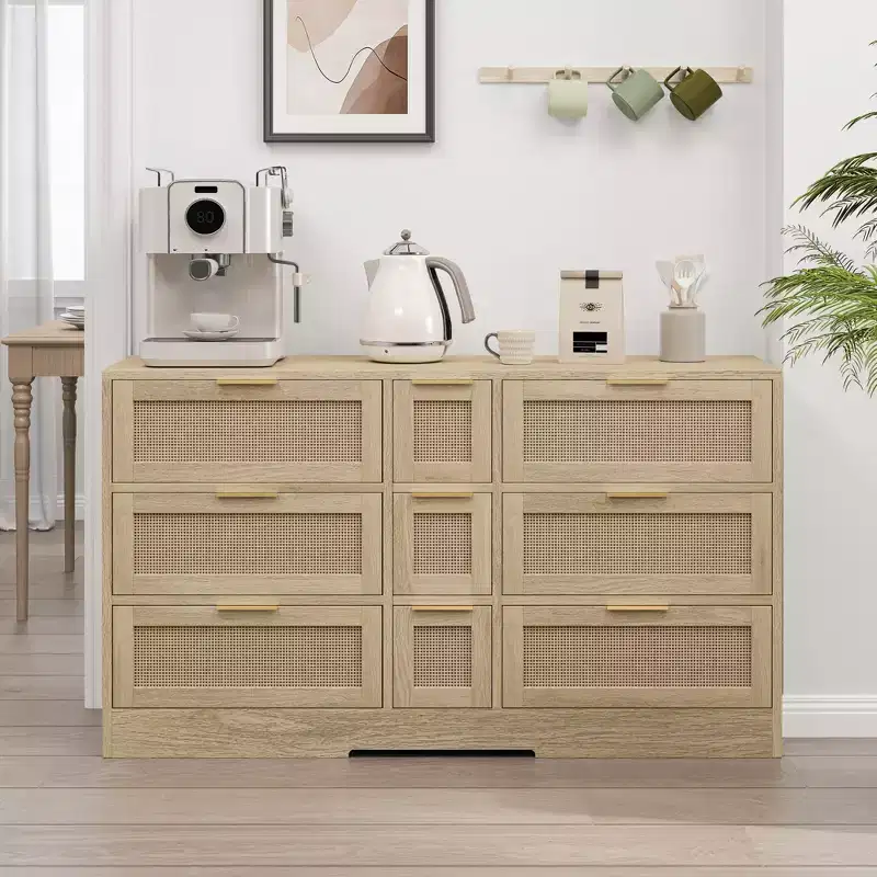 9 Drawer Dresser, Rattan Chest of Dressers for Bedroom, Natural Wooden Wide Storage Cabinet with Handles, Dresser TV Stand Drawer Organizer