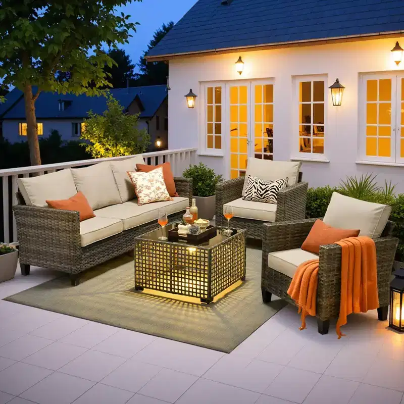 HOMLUX 4-Piece Outdoor Sofa Set w/ 3-Seater, 2 Singles & LED Coffee Table, Gray PE Rattan