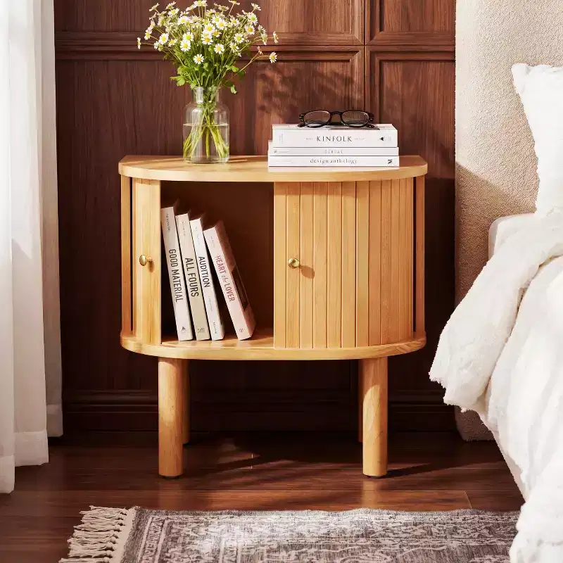 Modern Scandinavian Curved Wood Nightstand with Sliding Slatted Doors