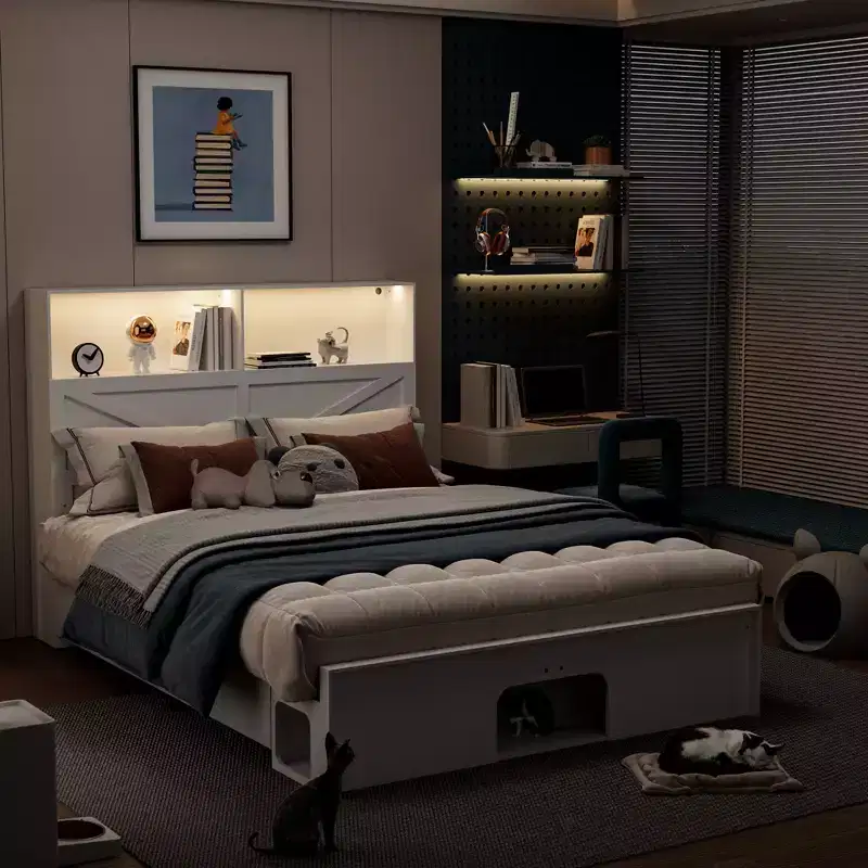 Famapy Smart Bluetooth-Enabled Bed Frame,App-Contrl,Custom RGB Lights,Power Outlets, Open Shelves+4 Rolling Drawers,Central Iron Frame,Pet Nook