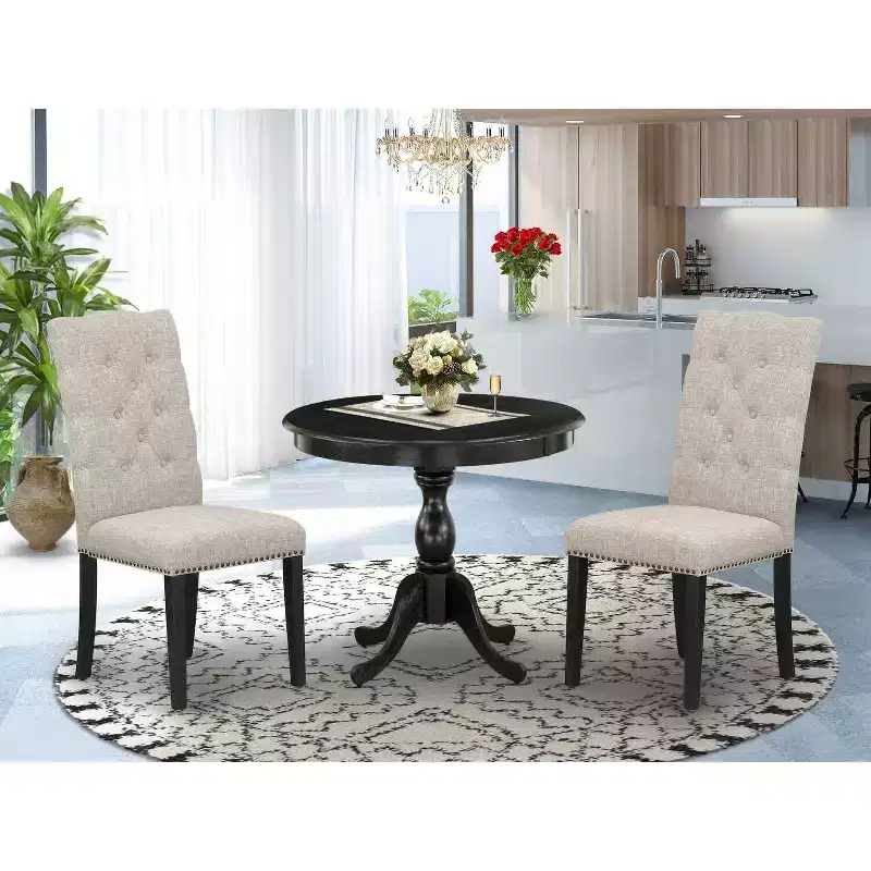 HomeStock 3-Piece Wirebrushed Black Solid Wood Top Button Tufted Dining Room Set (Seats-4)