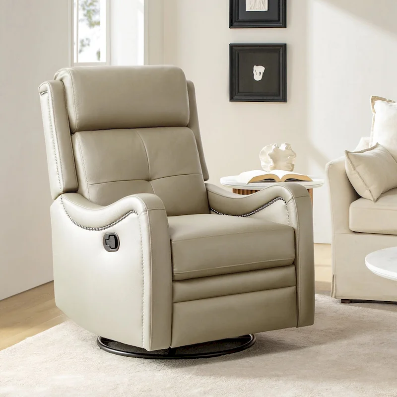FrancoModern Genuine Leather Swivel Rocker Recliner with Nailhead Trims by HULALA HOME