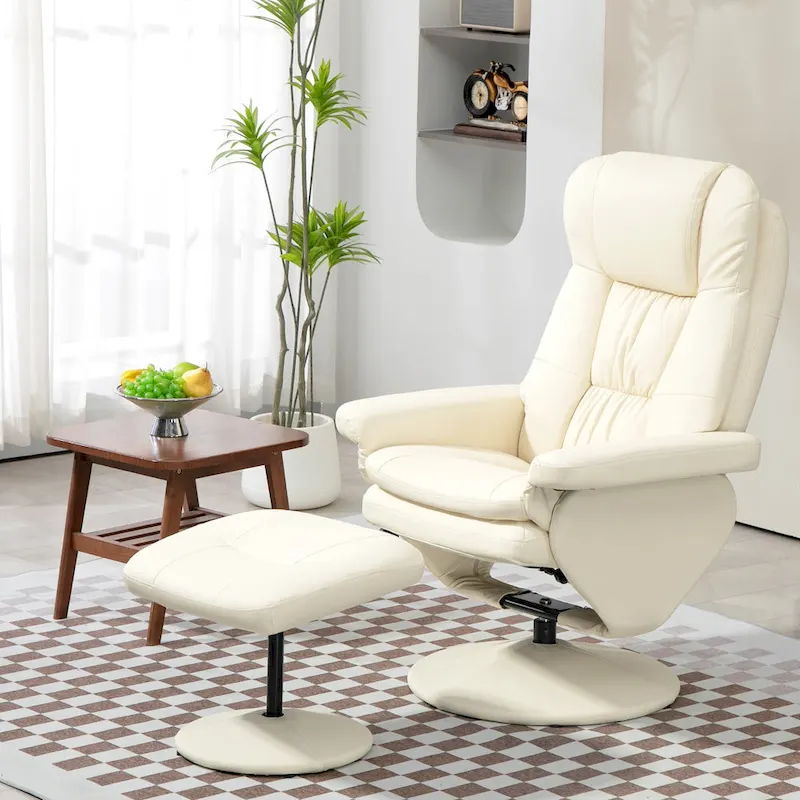 Adjustable PU Leather Lounge Chair Swivel Recliner Chair Padded High Back Armchair with Ottoman and Wood Base