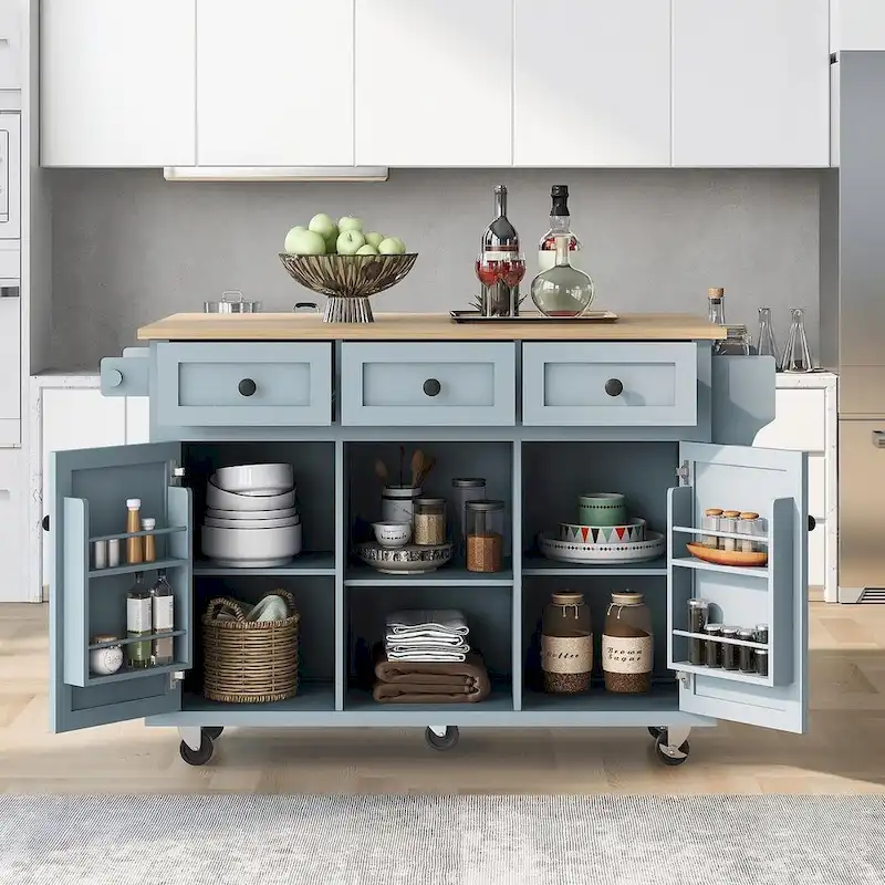 Rubberwood Drop Leaf Countertop Kitchen Cart with Door Inside Storage Rack and 3 Drawers