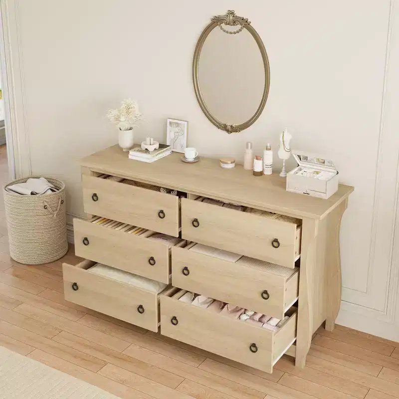 Natural 6 Drawer Dresser, 47 Wide Boho Dresser Organizer with Curved Legs and Large Storage for Living Room, Bedroom, Entryway, Nursery
