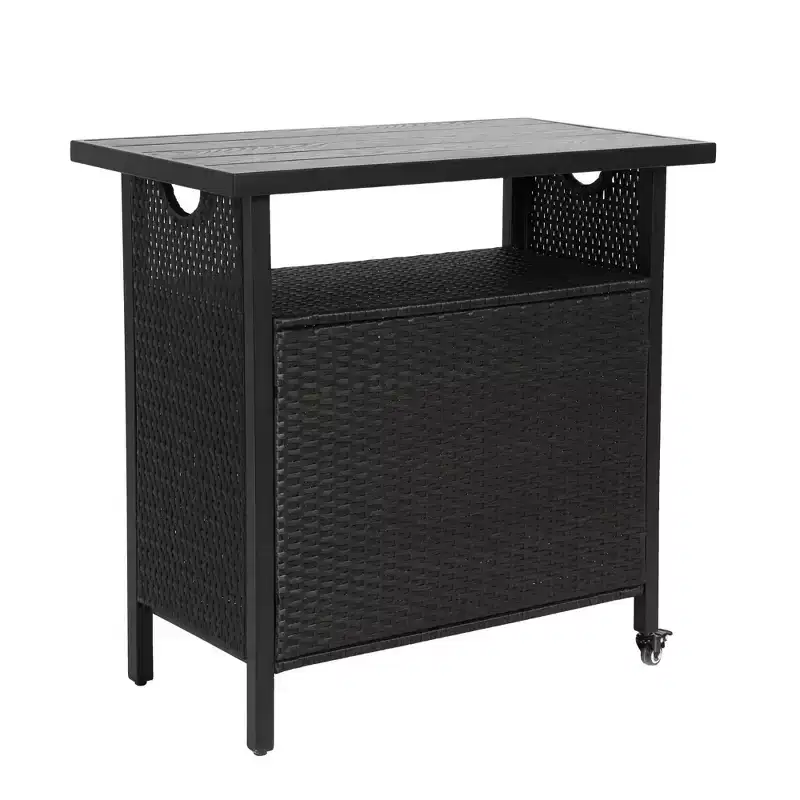 NAYSAYE Bar Serving Cart Outdoor Wicker Wine and Beverage Storage with Plastic Wood Top for Patio , Black, 35.43*19.69*35.43
