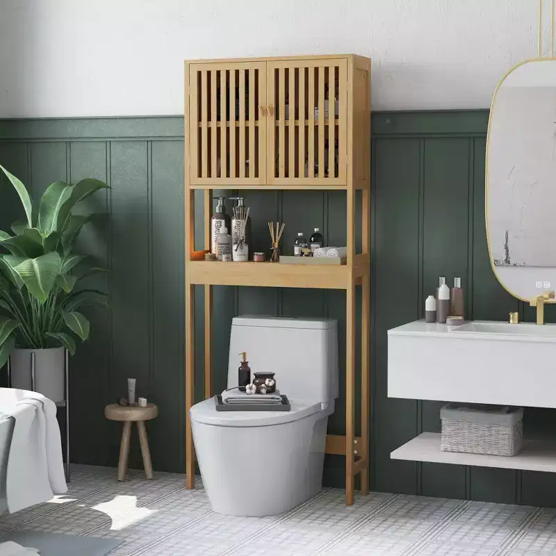 MAYEERTY Bamboo Over the Toilet Storage Cabinet, Over Toilet Bathroom Organizer with Slatted Doors Adjustable Shelf & Open Shelf
