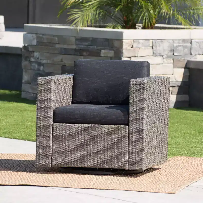 Okak 360 Swivel Patio Accent Chairs,PE Rattan Outdoor Armchairs with Iron Base&Upholstered Back,Patio Furniture Seating,Single,Brown/Beige