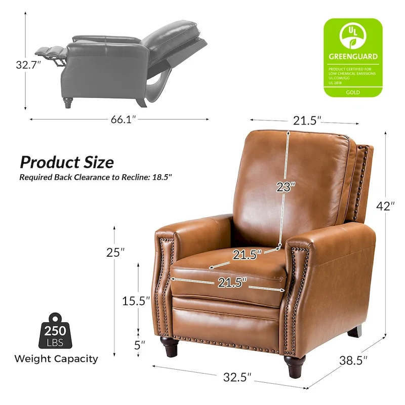 Cigar Mid-century Modern Genuine Leather Recliner with Nailhead Trim by HULALA HOME