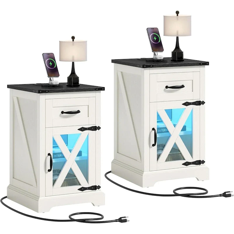 Set of 2 End Table with Drawer and Power Outlet, LED Light Side Table with Charging Station