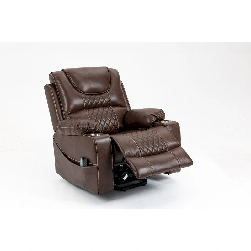 Brown Leather Power Lift Recliner, Multi-Function Massage, Heating, Cup Holders