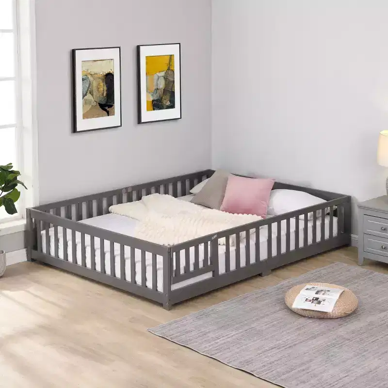 TUYOHW Full Size Toddler Floor Bed with Door for Kids,Modern House Montessori Bed with Fence for Bedroom