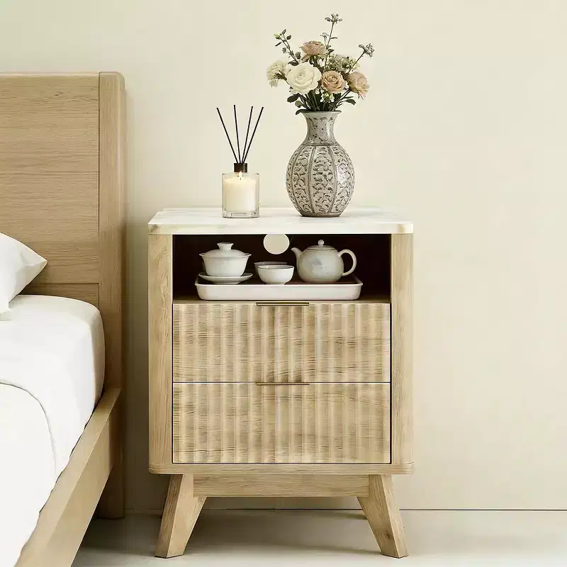 18 Small Nightstand with Charging Station, Faux Marble Top, 2 Drawer Oak Nightstand, Modern Curved Bedside Table for Bedroom/Living Room
