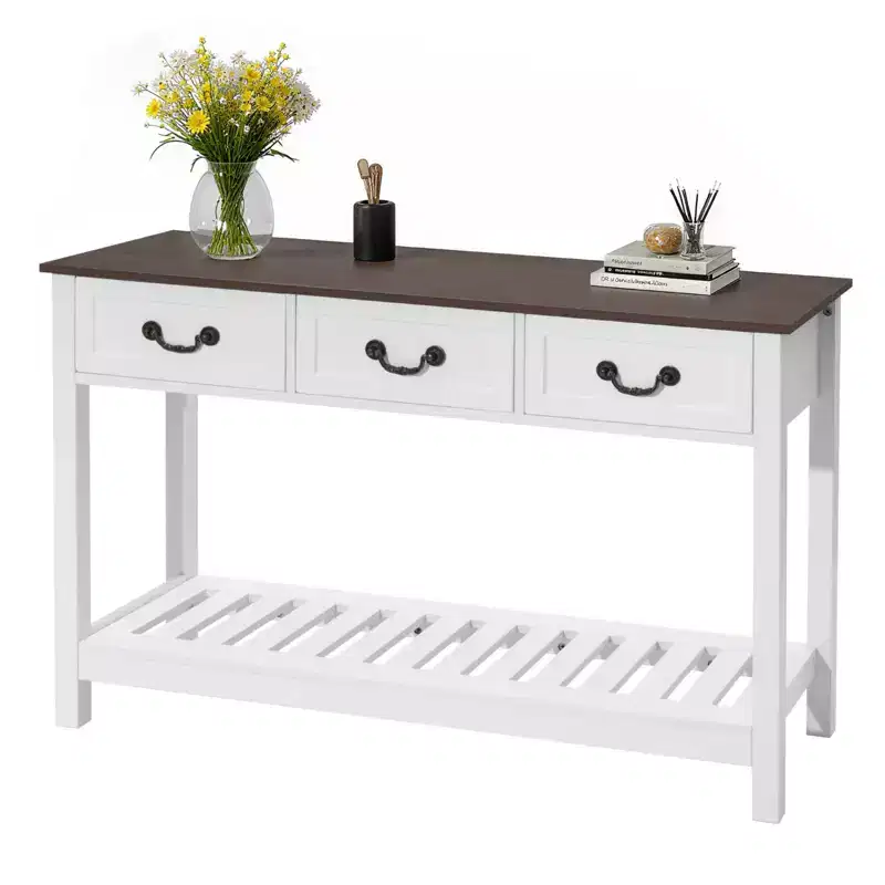 VEVOR 47 in Console Table, Farmhouse Desk Behind the Couch with Drawers and Bottom Storage Shelf, Wooden Rectangle Narrow Sofa Table, Brown & White
