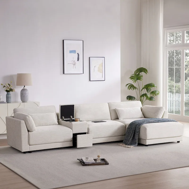 124 Chenille 4-Seater L-Shaped Sofa with Storage Console, USB