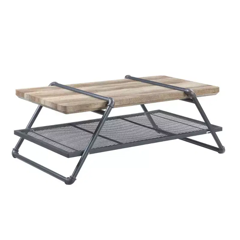 HomeRoots 47 Natural and Gray Metal Sled Coffee Table With Shelf