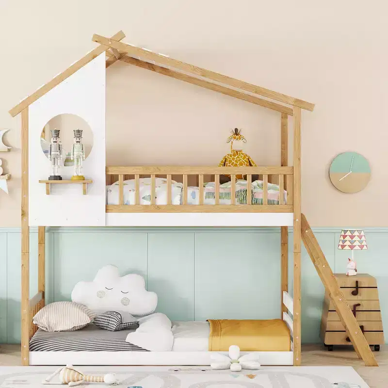 Whisen Twin Over Twin Bunk Bed with Roof, Playhouse Design, Safe Ladder & Railings - Natural