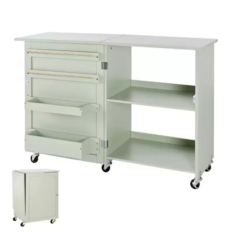 Folding Sewing Table, Multipurpose Sewing Machine Table with Compact Design, Wheels, Wooden Pegs, Storage Trays and Shelf, Light Green