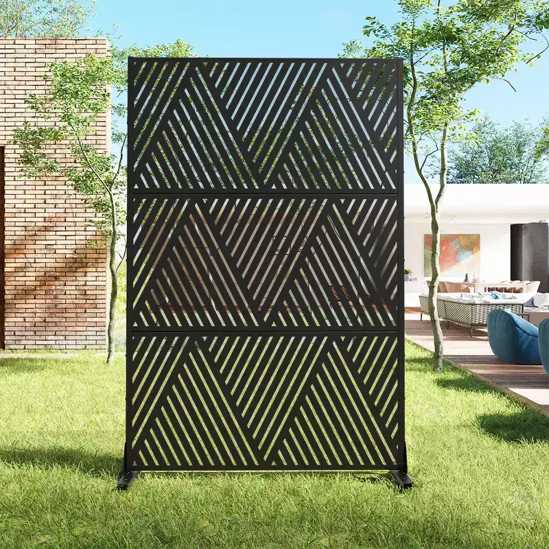 Black V-Pattern Galvanized Steel Privacy Screen, 3-Panel, Free Standing