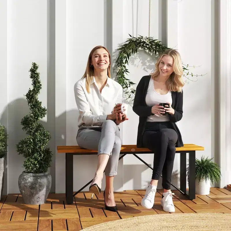 Outdoor Bench, 2-Person Backless Garden Bench, Acacia Wood Patio Bench Loveseat with Slatted Seat for Porch, Park