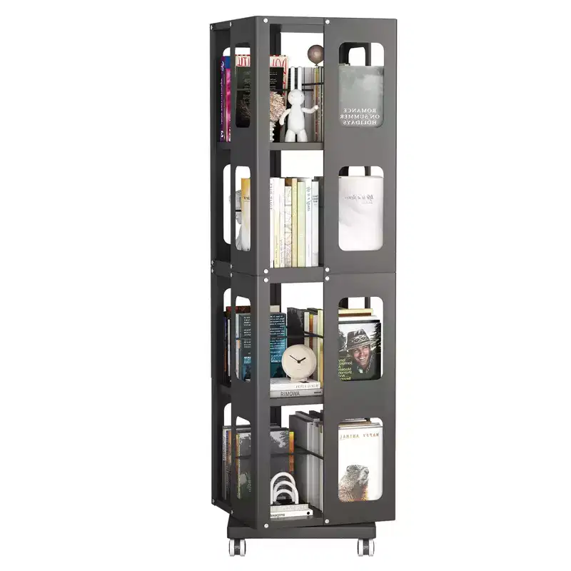 All-Steel Rotating Bookshelf with 360° Wheels, 4-Tier Storage Organizer for Living Room, Hallway, Office