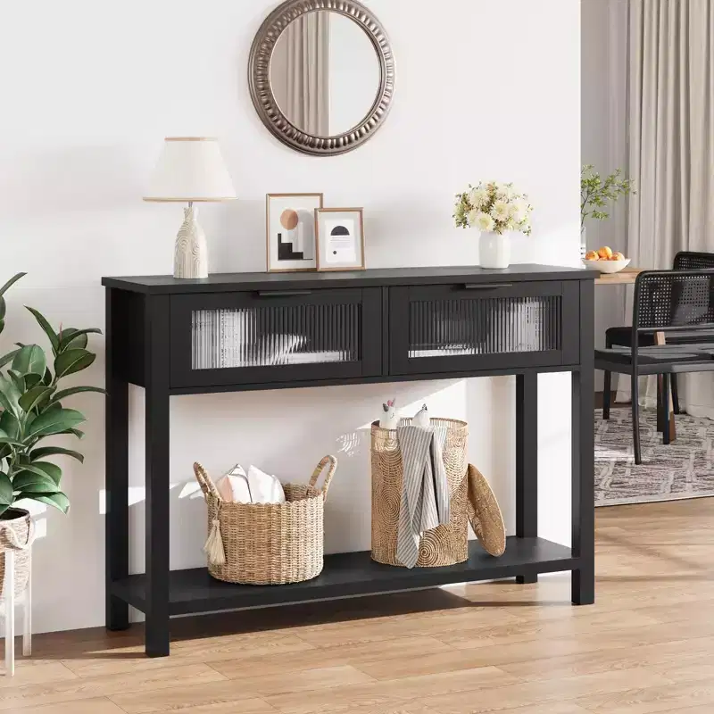 Rustic Wood Console Table with 2 Glass Drawers - 2-Tier Entryway Sofa Table - Contemporary Accent Storage Shelf for Living Room & Hallway
