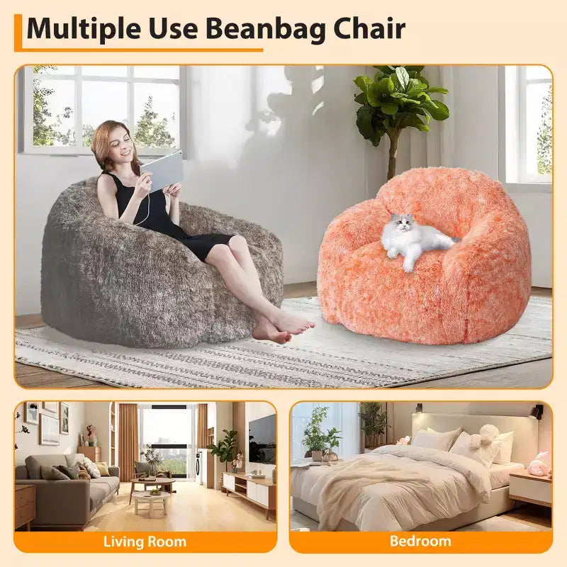 Adult Faux Fur Bean Bag Chair with Armrests - High-Density Foam Floor Sofa