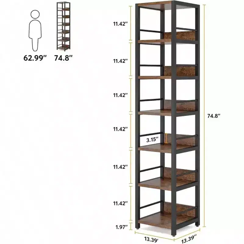 6 - Tier Corner Shelf 75 Inch Tall Narrow Bookshelf Storage Rack Etagere Shelves Display Stand for Living Room Bathroom