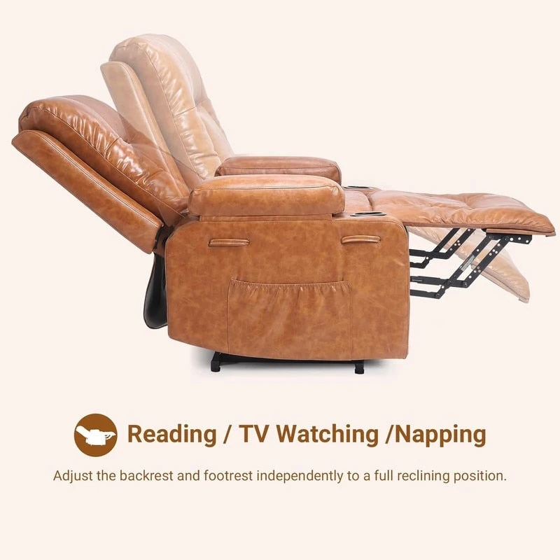 Power lift recliner chair with massage, cup holders, and side pocket.