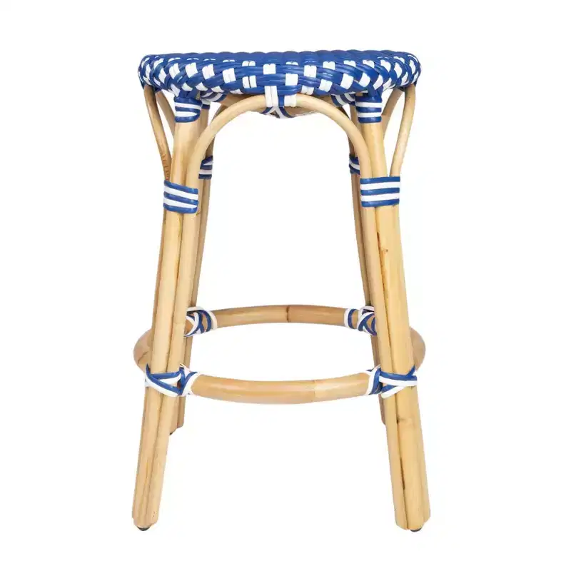 HomeRoots 24 Blue and White and Wood Brown Heavy Duty Rattan Backless Counter Height Bar Chair