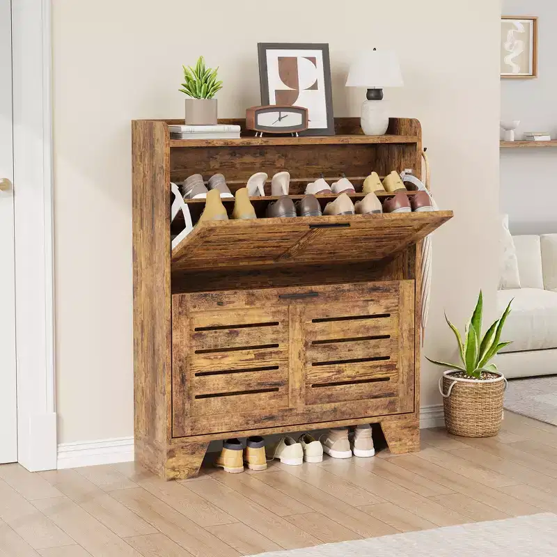Shoe Storage Cabinet with 2 Flip Drawers, Freestanding Hidden Slim Shoe Organizer Cabinet with Hooks for Foyer, Hallway, Garage