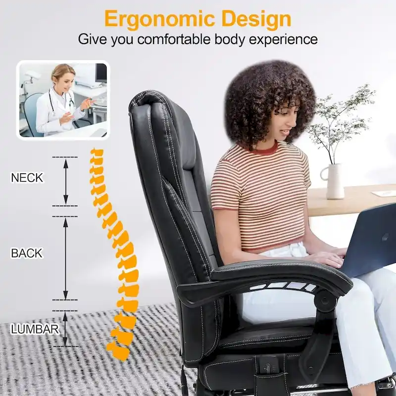 Ergonomic Heated Executive Office Chair, 2/4/6-Point Massage, Retractable Footrest, PU Leather
