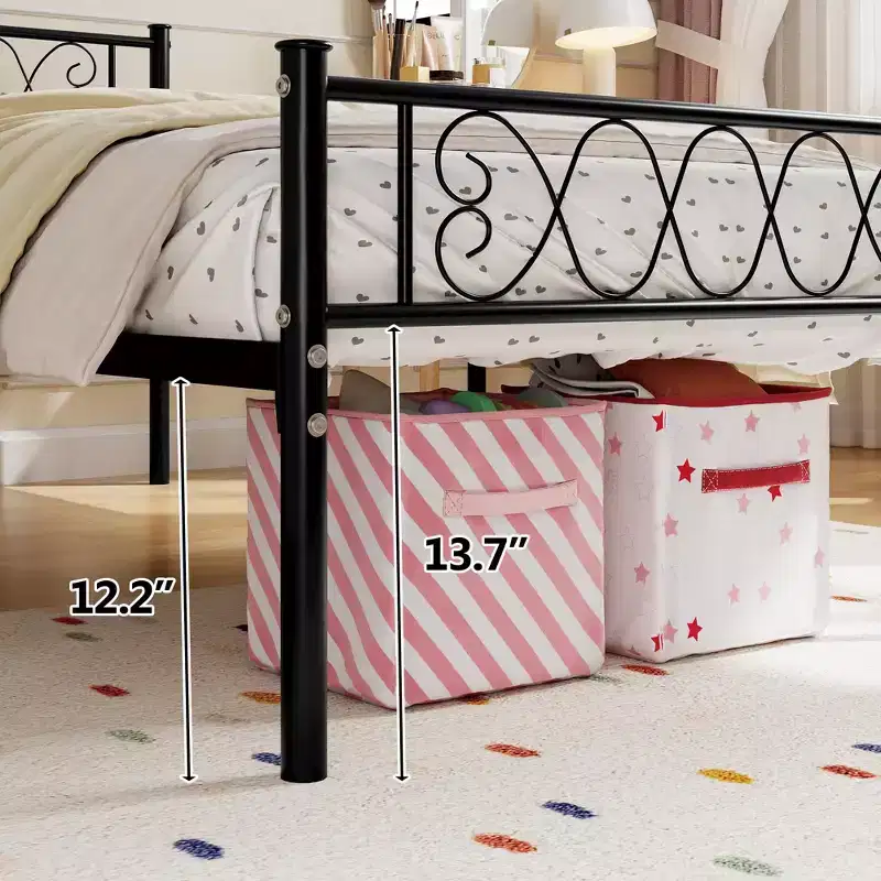 Black  Metal Platform Bed Frame with Heart-Design Headboard and Footboard - No Box Spring Needed