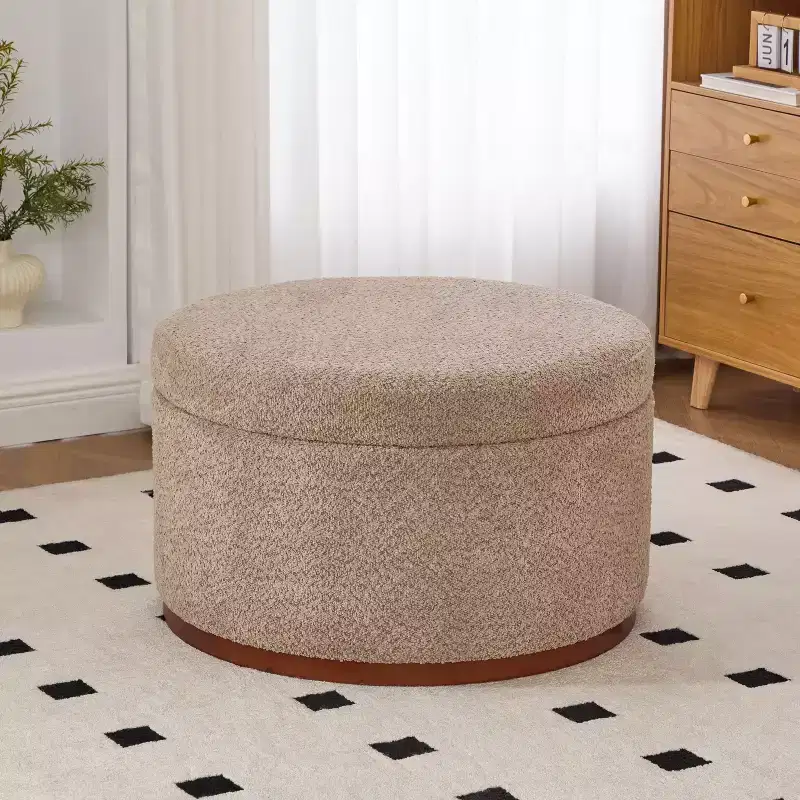 Round Upholstered Storage Ottoman with Rubberwood Base