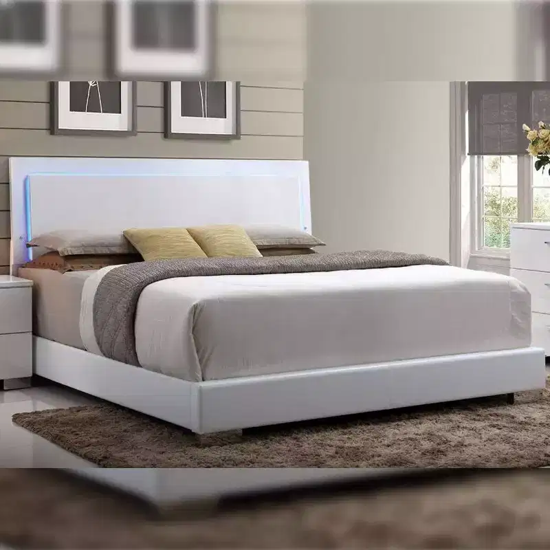 85" Eastern King Bed with LED Light, Faux Leather Headboard