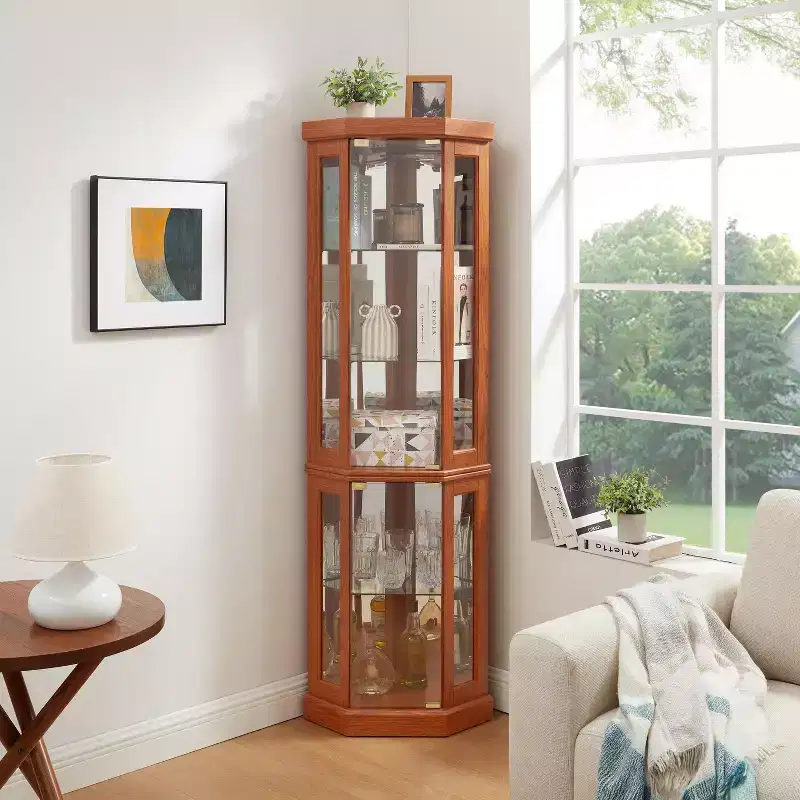 Corner Glass Cabinet Lighted Curio Cabinet Corner Display Case for Living Room, Curio Cabinet, Antique collection, Wine,Bar Glass Storage