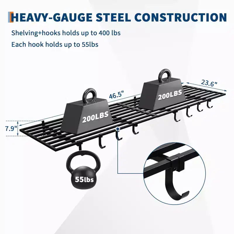 Garage Wall Shelving, 2-Pack 2x4ft, Includes Hooks, Wall Shelf Garage Organization System, Storage Rack, Floating Shelves, 200 Lbs Weight Capacity