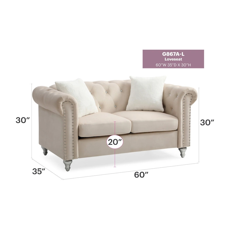 Raisa 60 in. Velvet 2-Seater Sofa With 2-Throw Pillow - 60L x 34W x 30H