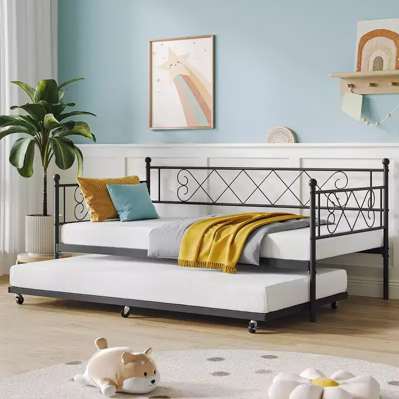 Whizmax Twin Metal Daybed with Trundle, Space Saving Trundle Sofa Bed for Living Room, Bedroom and Guest Room