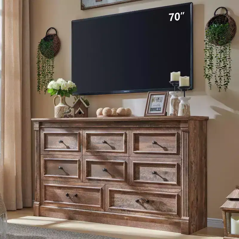 Farmhouse Dresser with 8 Drawers & Roman Column Legs, Rustic Wood Bedroom Storage