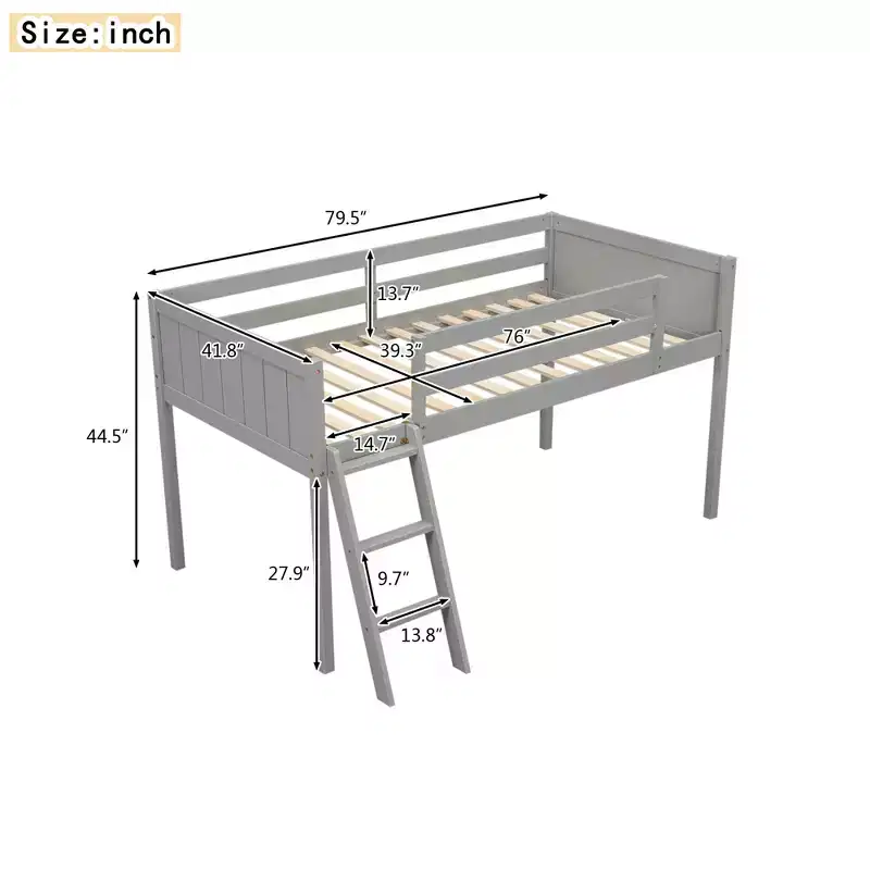 Low Loft Bed for Kids, Wood Junior Loft Bed Frame with Ladder for Girls Boys Teens