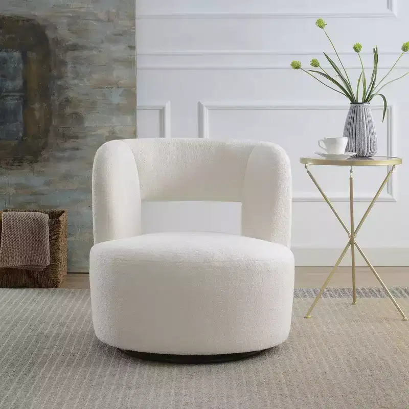 Okak Modern Upholstered Swivel Barrel Chair with Curved Design,Soft Teddy Round Accent Chair for Living Room,Bedroom