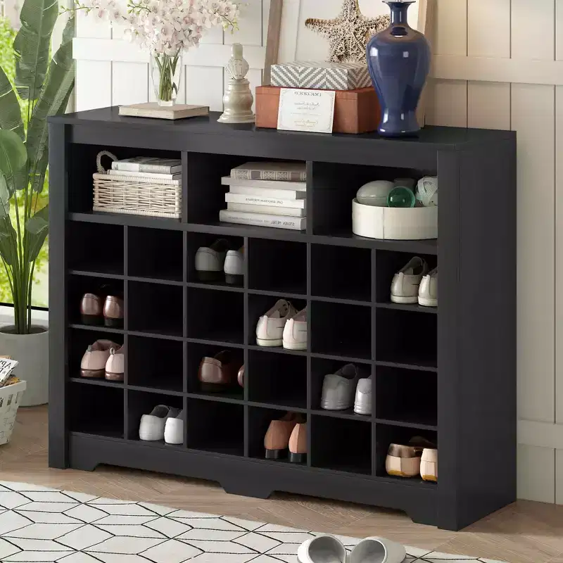 24-Pair Shoe Cubby Console with Curved Base Sideboard - Black